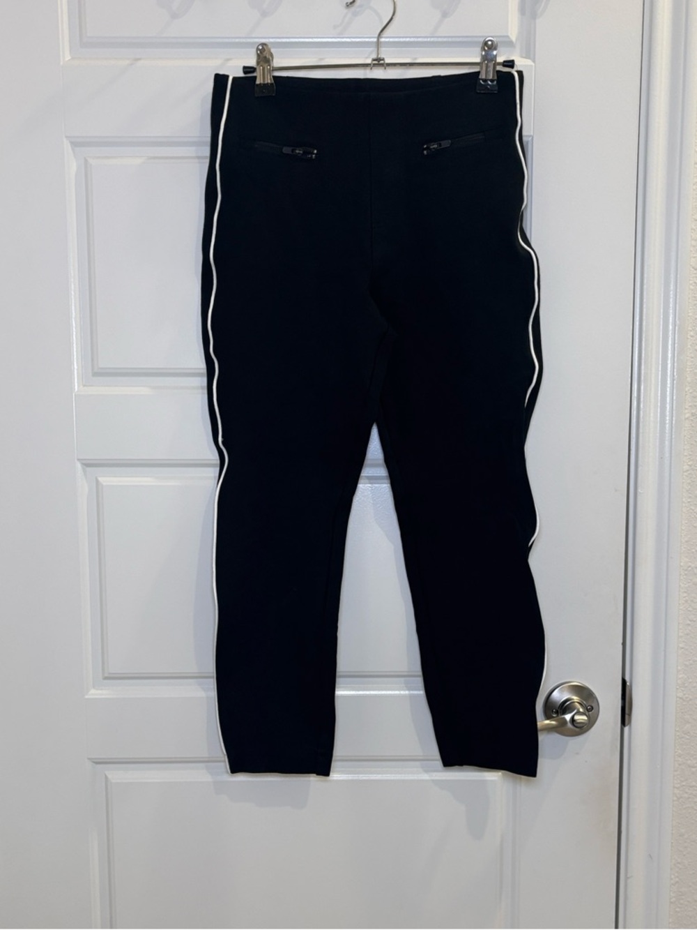 SPANX Black Slim Fit Pants Petite Small Pull On Stretch Tapered Side Stripe